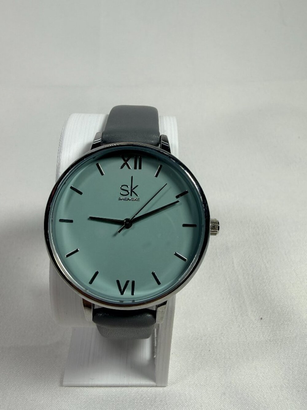 SHENGKE Women Watches Blue Dial Gray Leather Band Luxury Quartz Watch